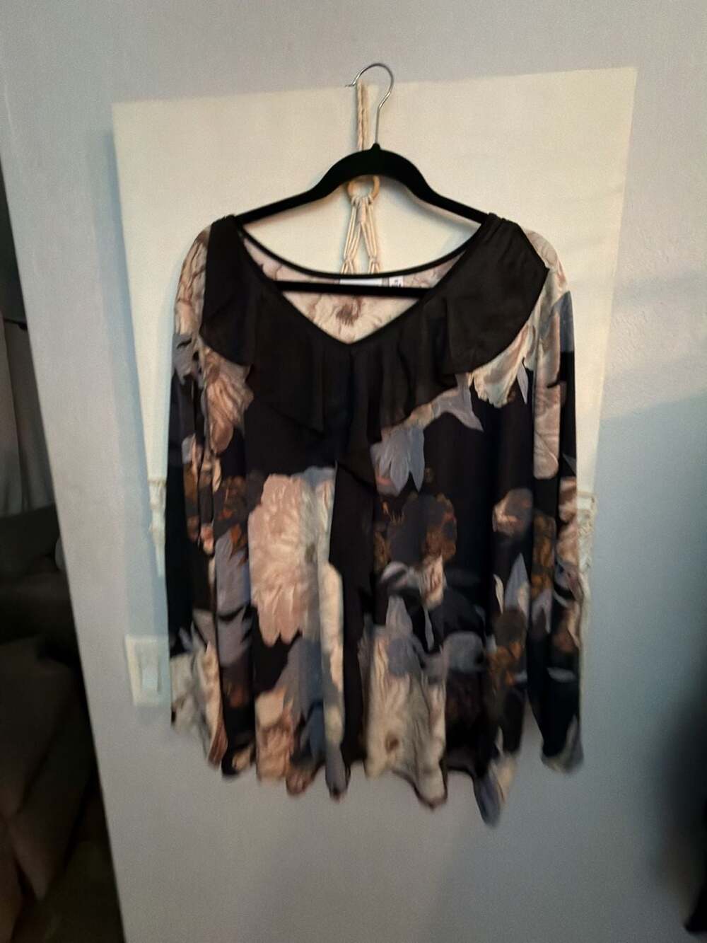 Susan Graver Liquid Knit V-Neck Floral Blouse with Chiffon Ruffle Detail Top